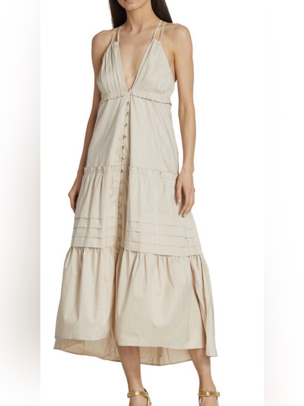 Ramy Brook Beige Tiered V-neck Button-Front Tiered Maxi Dress
